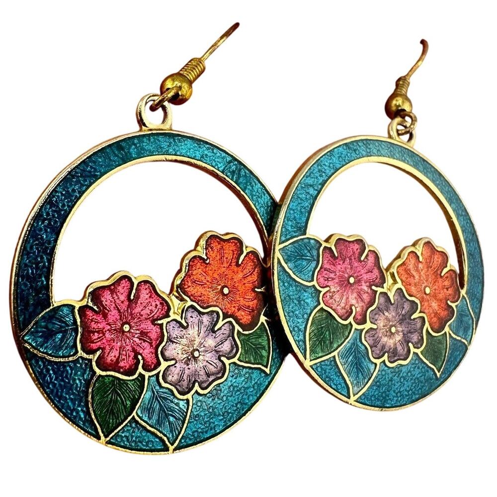 Vintage Enamel Cloisonné Asian Style Flowers Dangle Gold Tone 1.75” Earrings